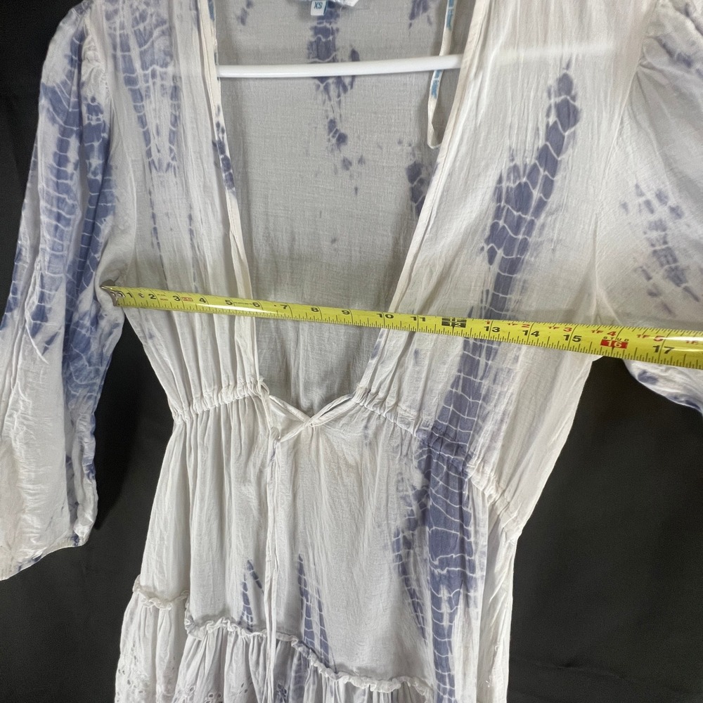 Blue Island Tie Dye Eyelet Mini Dress Womens XS White Blue Tassel Boho Beach - Picture 5 of 8